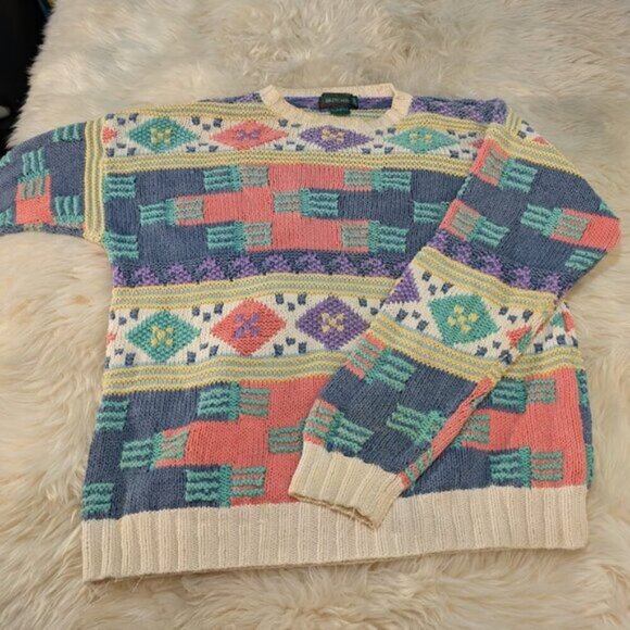 Vintage Britches Hand Knit Chunky Pastel Crewneck Sweater Size Large - Picture 1 of 8